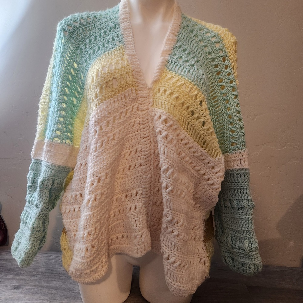 Vintage Handmade Crochet‎ Cardigan Sweater Pastel Color Block Patchwork Pullover